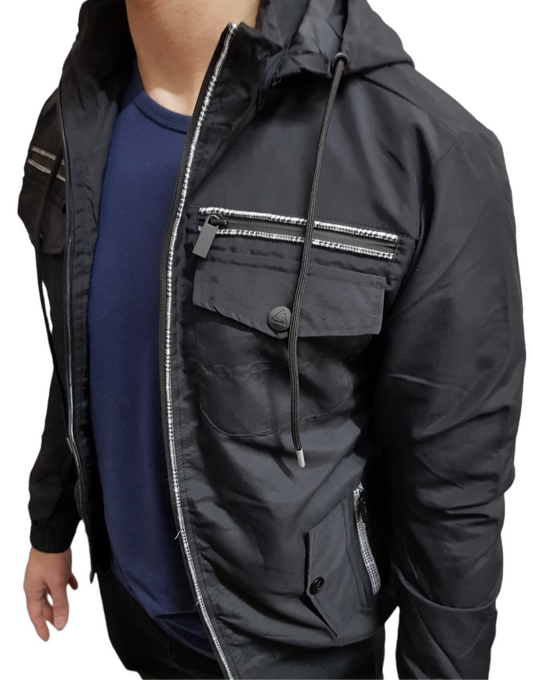 MENS DETACHABLE HOOD WINDBREAKER BLACK
