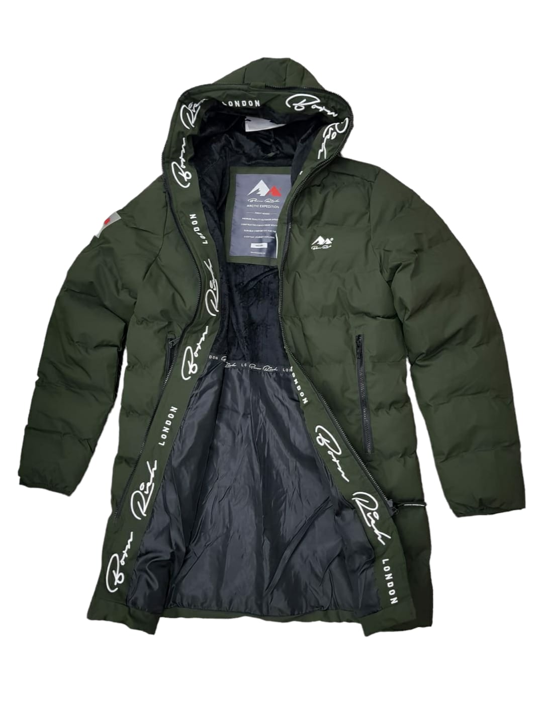 Born Rich Longline Puffa Jacket Dark Olive | Velour Inner
