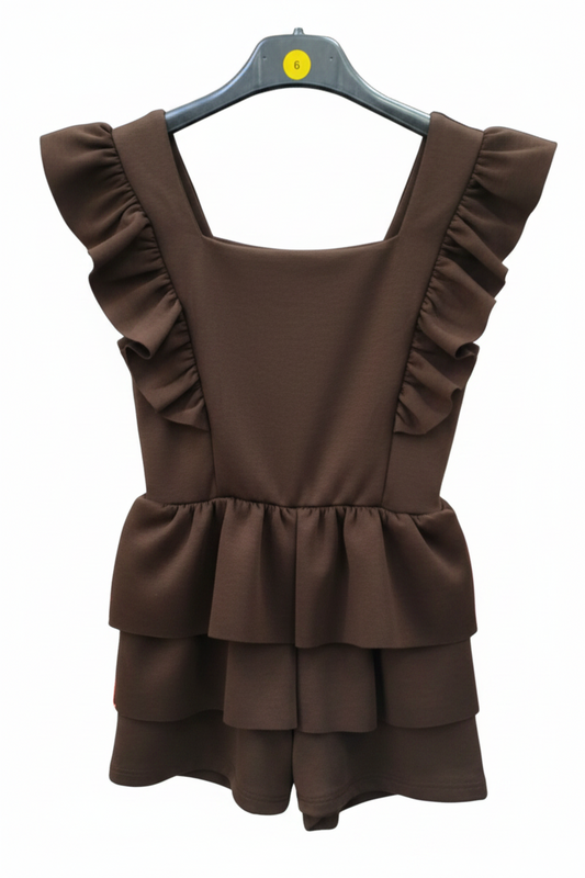 Girls Brown Ruffle Playsuit Skort with hidden shorts (Jersey Material)