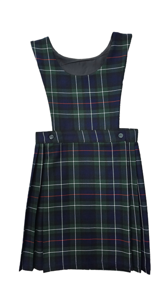 Girls Green Check Tartan Wrap Bib Pinafore School Dress