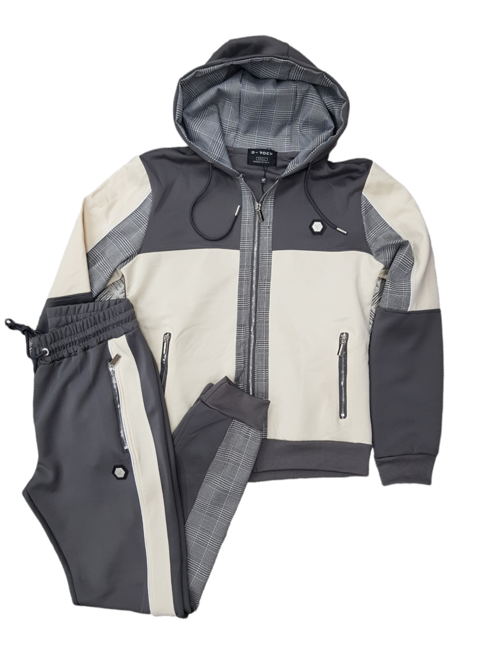 MEN'S FULL ZIP HOODED ROYCE TRACKSUIT GREY CHECK AND CREAM