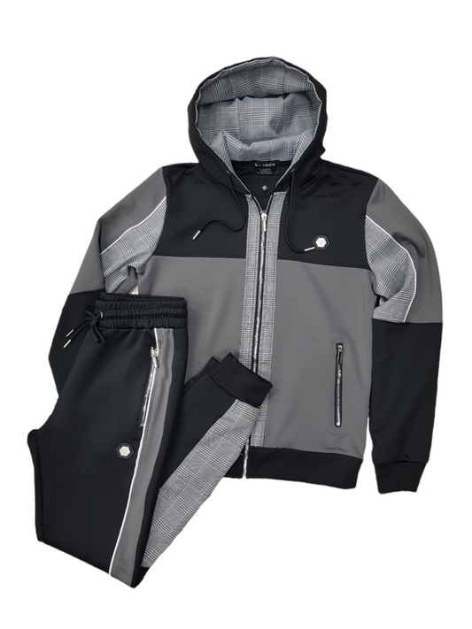 MENS FULL ZIP HOODED ROYCE TRACKSUIT GREY CHECK AND BLACK